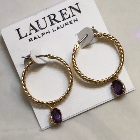 Lauren Ralph Lauren Gold Tone Chain Link Hoop Earrings Purple Crystal Charm NWT - Picture 10 of 12